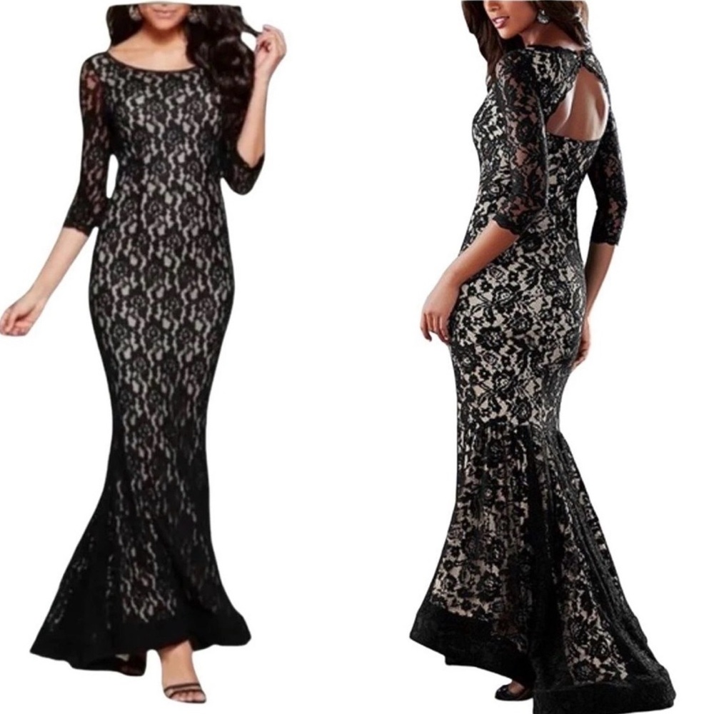 Venus Black Floral Lace Nude Lined Half Sleeve Mermaid Maxi Gown Dress Size 12